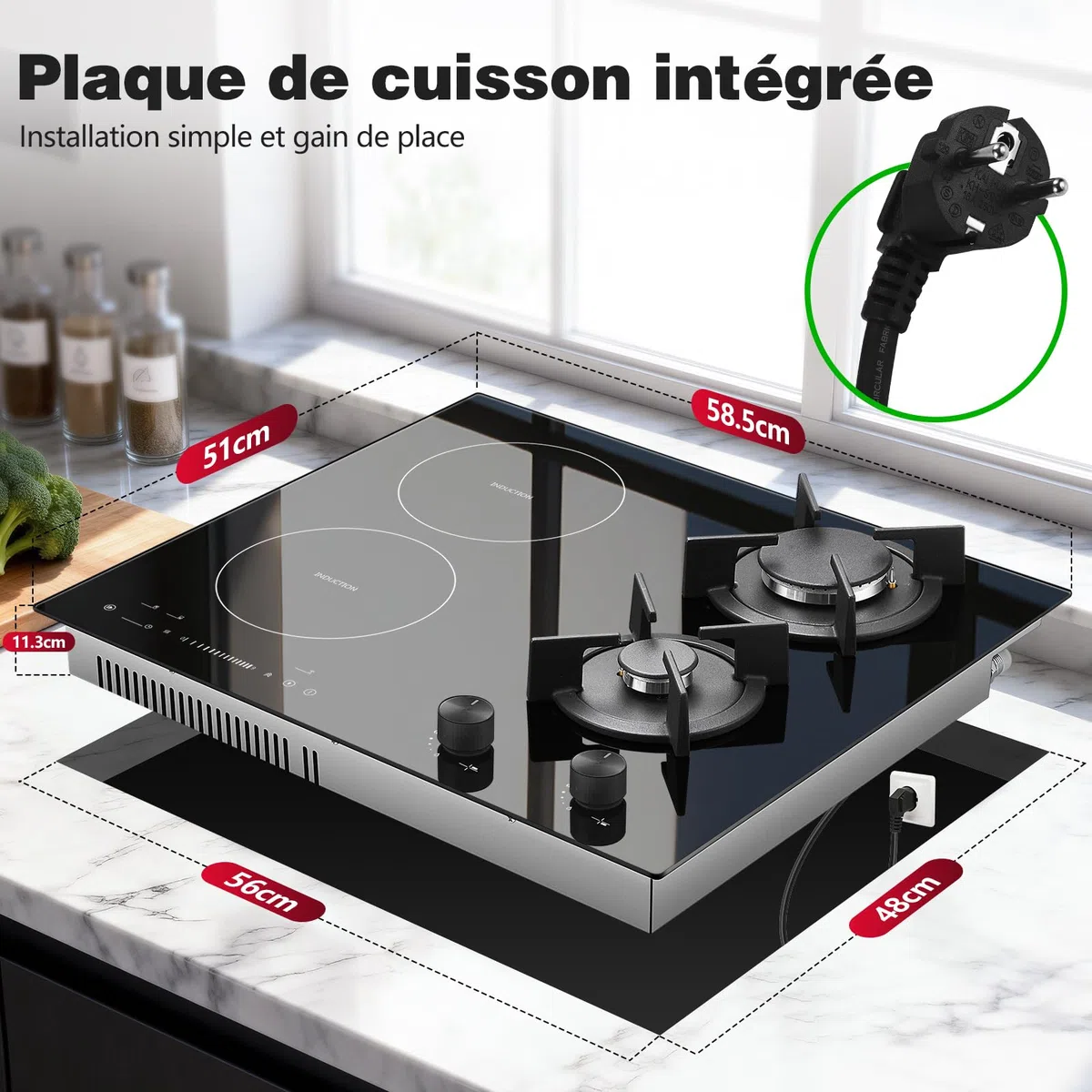 SNDOAS Table de Cuisson Mixte Gaz Induction 4 Foyers 59cm, 7500W Totale, Plaque de Cuisson Induction 4100W avec Boost & Pont, Plaque Gaz 3400W avec Brûleur Wok, Sécurité Enfant, Verre Céramique Noir