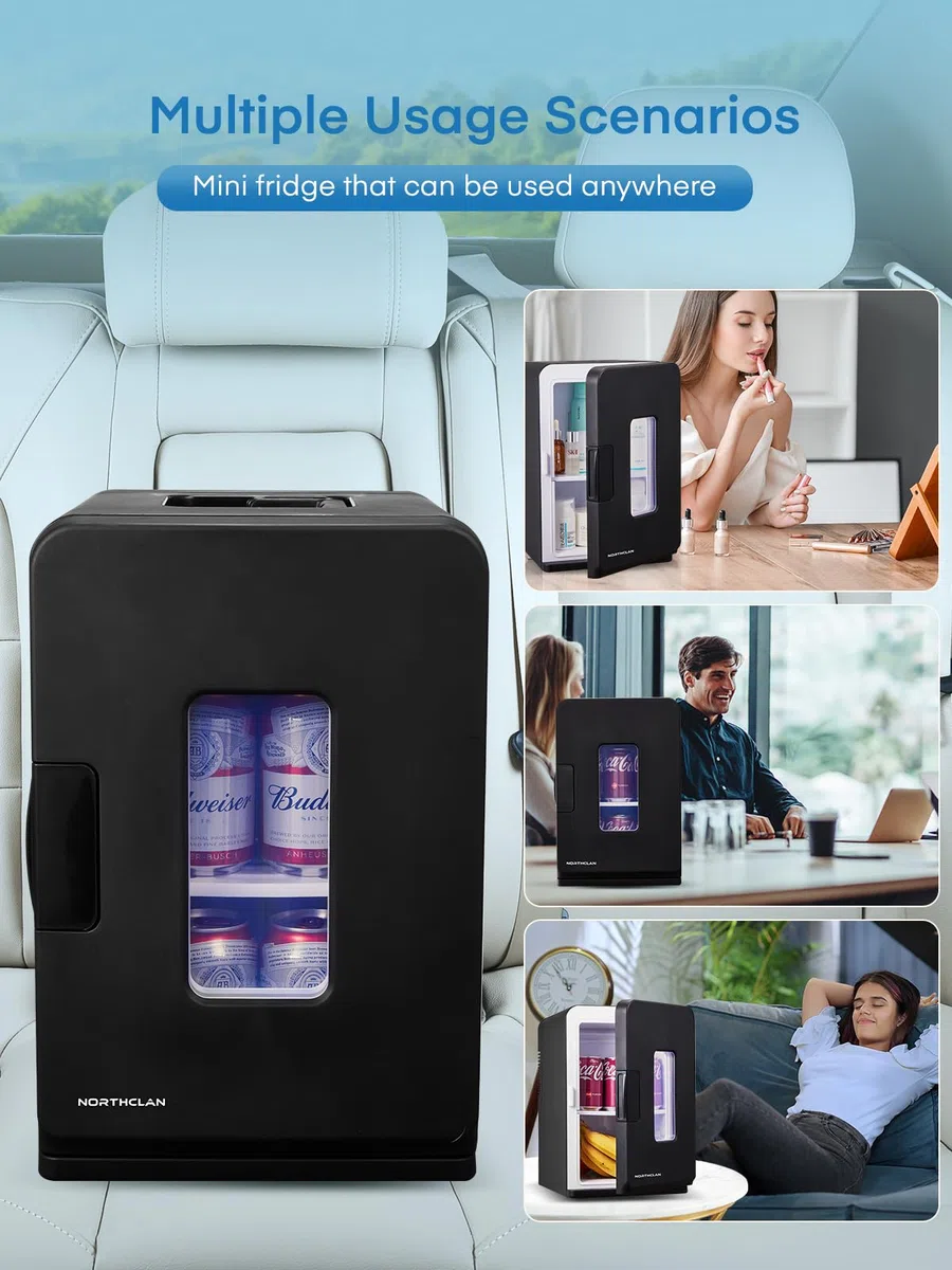 NORTHCLAN Mini Frigo de Chambre 15L/21 Cans, Réfrigérateur Électrique avec ECO Mode Silencieux pour Chambre/Voiture, Fonction Chaud/Froid, 12V/220V Glacière Portable de Beauté