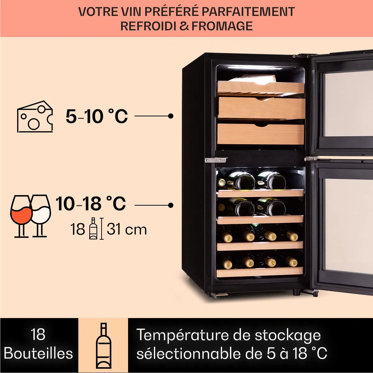 Klarstein Cave a Vin et Fromage, Réfrigérateur à Vin et Fromage, Porte en Verre, Cave à Vin Vieillissement, Prosecco, Ecran Tactile, Armoire a Vin, Contrôle Température, Protection UV, Caves à Vin 89L