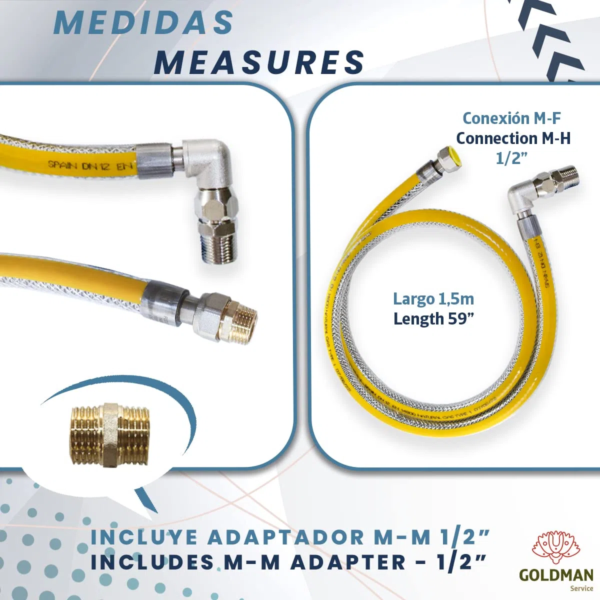 GOLDMAN SERVICE | Tuyau Flexible de Gaz de sécurité pour les cuisines industrielles de l'hôtellerie - Longueur : 1,5 mètres - Connexion : 1/2" M-H + Adaptateur M-M