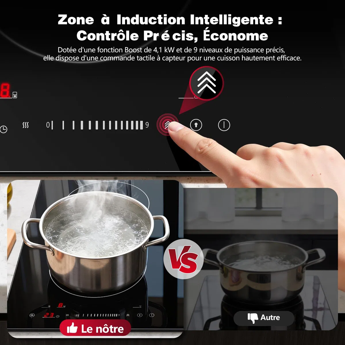 SNDOAS Table de Cuisson Mixte Gaz Induction 4 Foyers 59cm, 7500W Totale, Plaque de Cuisson Induction 4100W avec Boost & Pont, Plaque Gaz 3400W avec Brûleur Wok, Sécurité Enfant, Verre Céramique Noir