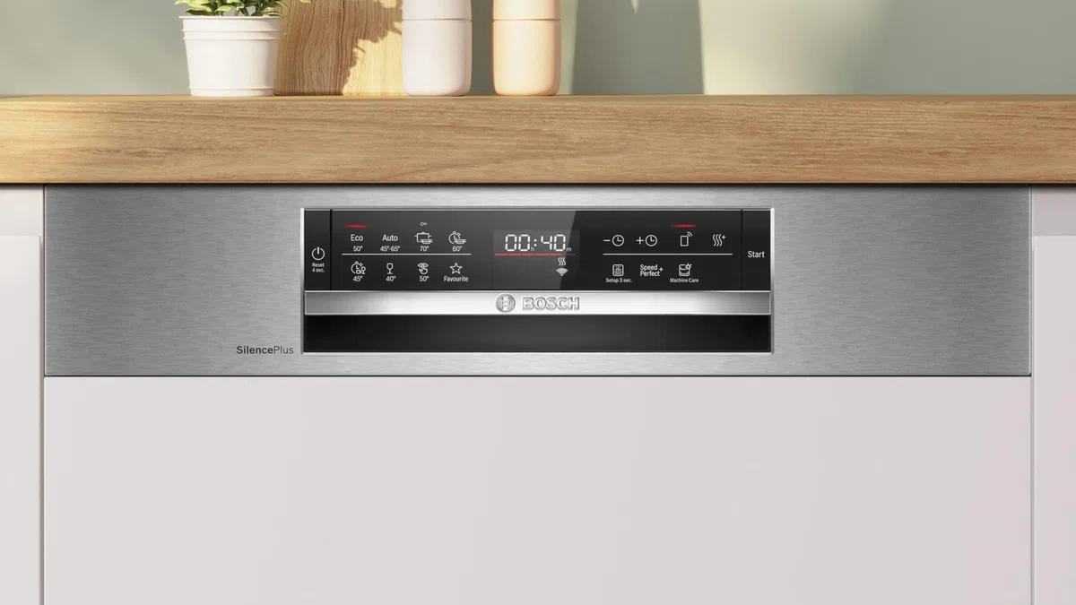 Bosch SMI6ECS12E Série 6, lave-vaisselle encastrable avec plaque avant, Home Connect, Extra Clean Zone : nettoyage intensif pour les contaminants tenaces, diagnostic à distance, acier, 60 cm
