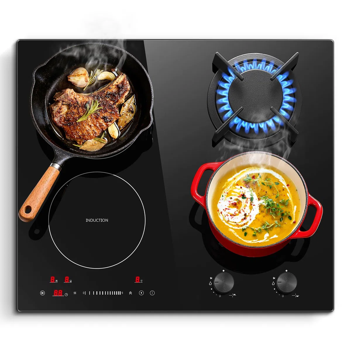 SNDOAS Table de Cuisson Mixte Gaz Induction 4 Foyers 59cm, 7500W Totale, Plaque de Cuisson Induction 4100W avec Boost & Pont, Plaque Gaz 3400W avec Brûleur Wok, Sécurité Enfant, Verre Céramique Noir