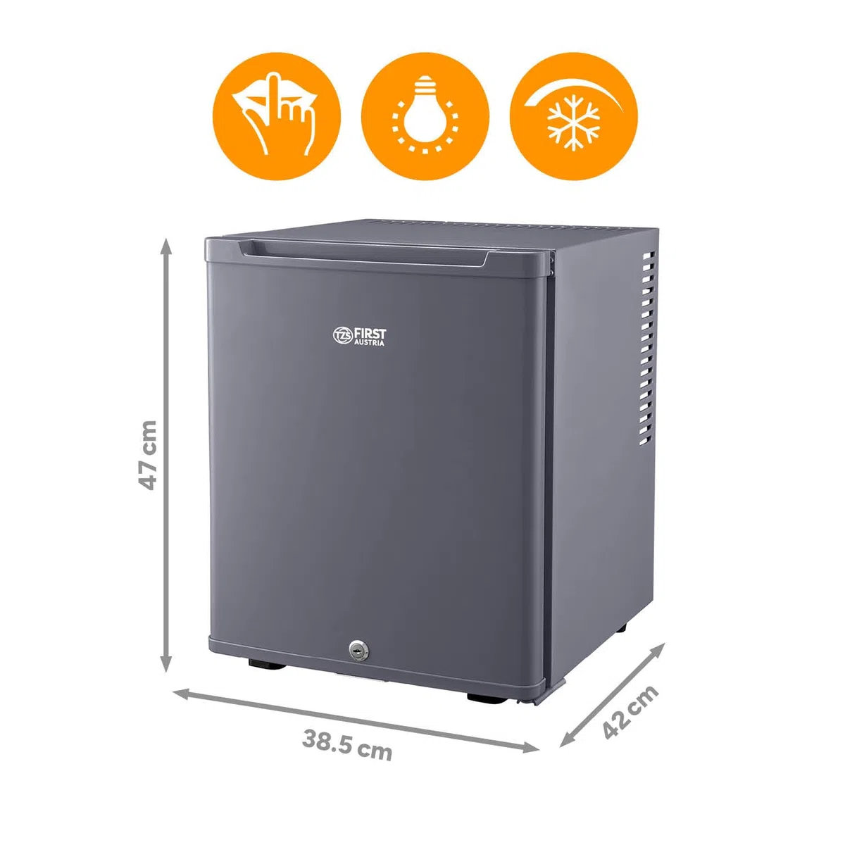 TZS First Austria - Mini réfrigérateur 30L complètement silencieux - Petit mini-frigo avec porte réversible et lumière intérieure - Minibar pour camping, bureau, chambre & hôtel - Anthracite