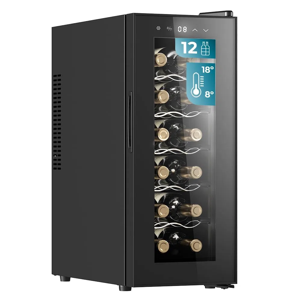 Cecotec Cave a vin Bolero GrandSommelier 1250 CoolCrystal. Cave à vin 12 Bouteilles avec refroidissement thermoélectrique et lumière LED à l'intérieur pour une meilleure conservation.