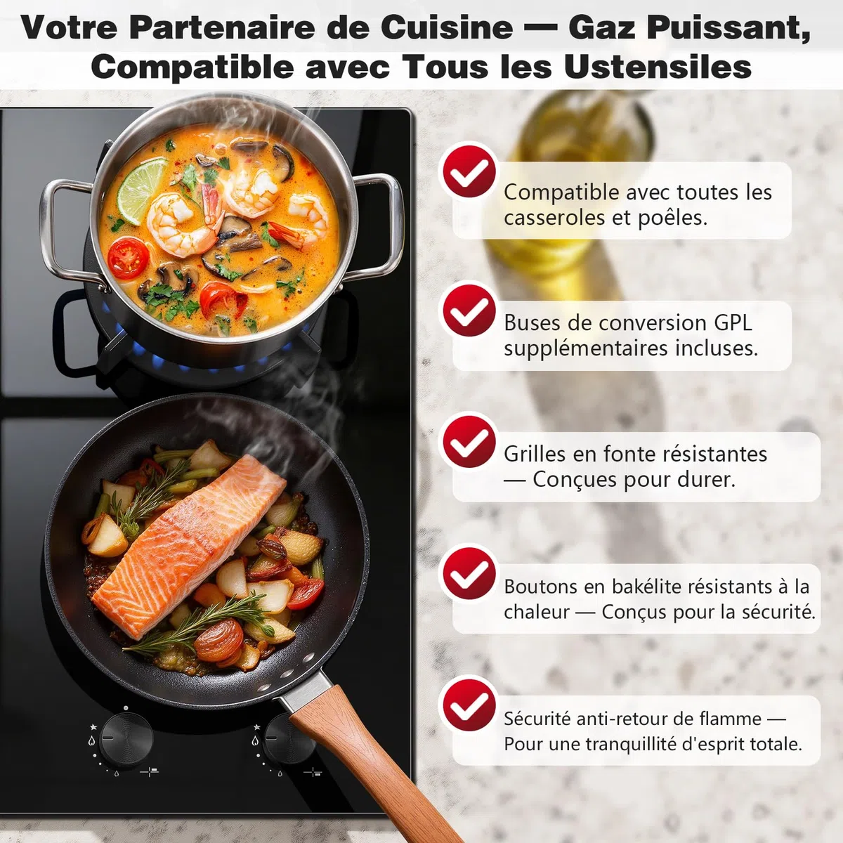 SNDOAS Table de Cuisson Mixte Gaz Induction 4 Foyers 59cm, 7500W Totale, Plaque de Cuisson Induction 4100W avec Boost & Pont, Plaque Gaz 3400W avec Brûleur Wok, Sécurité Enfant, Verre Céramique Noir