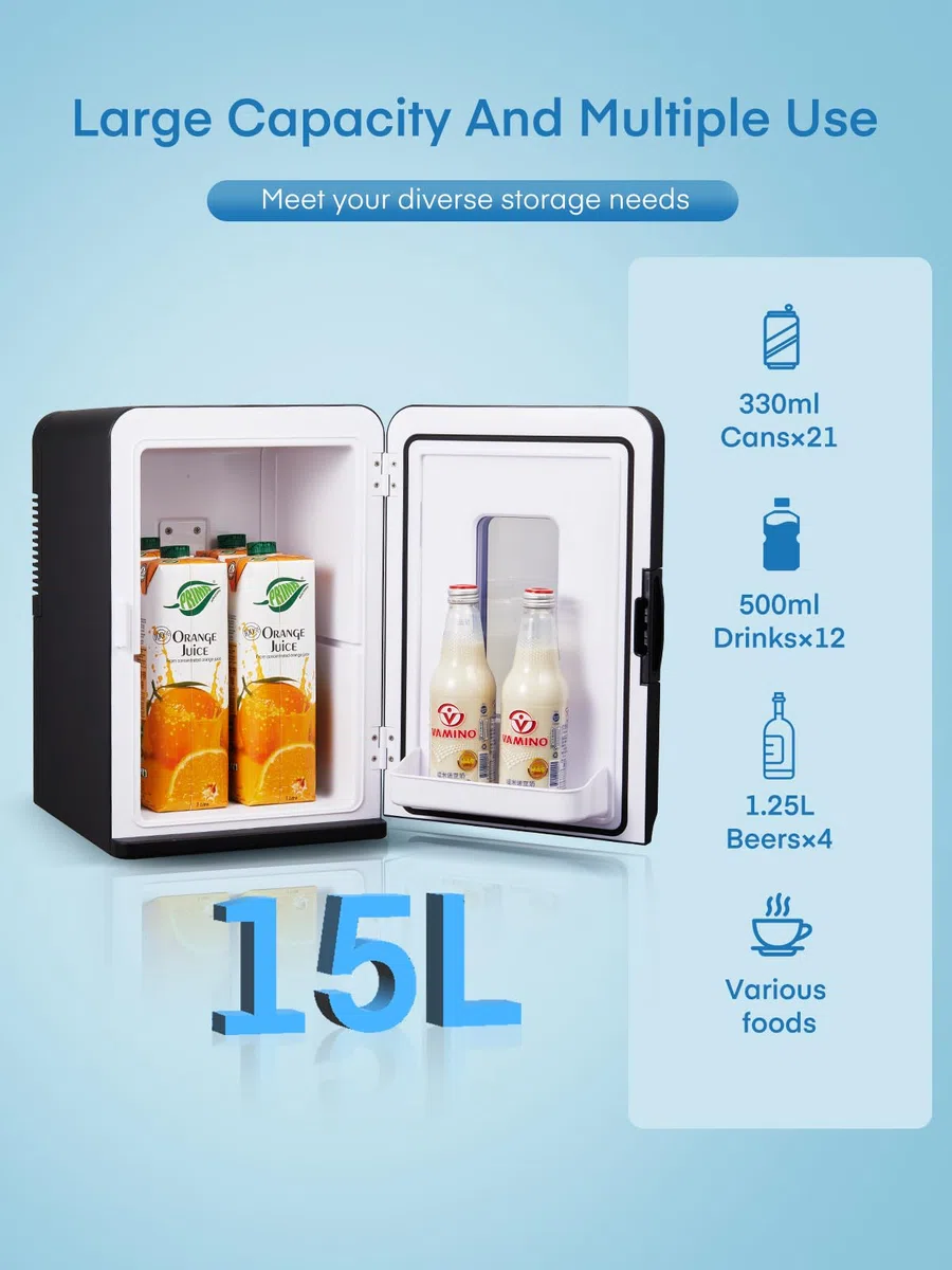 NORTHCLAN Mini Frigo de Chambre 15L/21 Cans, Réfrigérateur Électrique avec ECO Mode Silencieux pour Chambre/Voiture, Fonction Chaud/Froid, 12V/220V Glacière Portable de Beauté