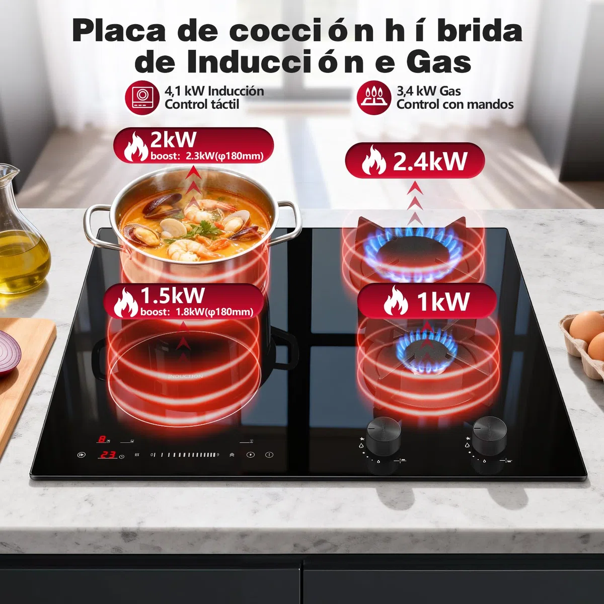 SNDOAS Table de Cuisson Mixte Gaz Induction 4 Foyers 59cm, 7500W Totale, Plaque de Cuisson Induction 4100W avec Boost & Pont, Plaque Gaz 3400W avec Brûleur Wok, Sécurité Enfant, Verre Céramique Noir