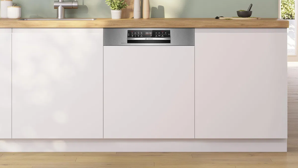 Bosch SMI6ECS12E Série 6, lave-vaisselle encastrable avec plaque avant, Home Connect, Extra Clean Zone : nettoyage intensif pour les contaminants tenaces, diagnostic à distance, acier, 60 cm