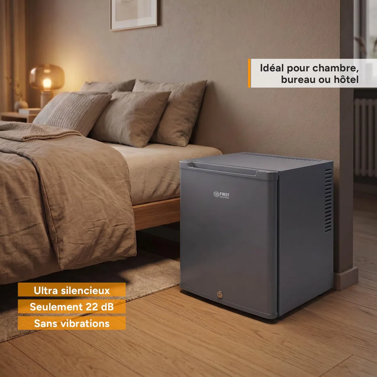TZS First Austria - Mini réfrigérateur 30L complètement silencieux - Petit mini-frigo avec porte réversible et lumière intérieure - Minibar pour camping, bureau, chambre & hôtel - Anthracite