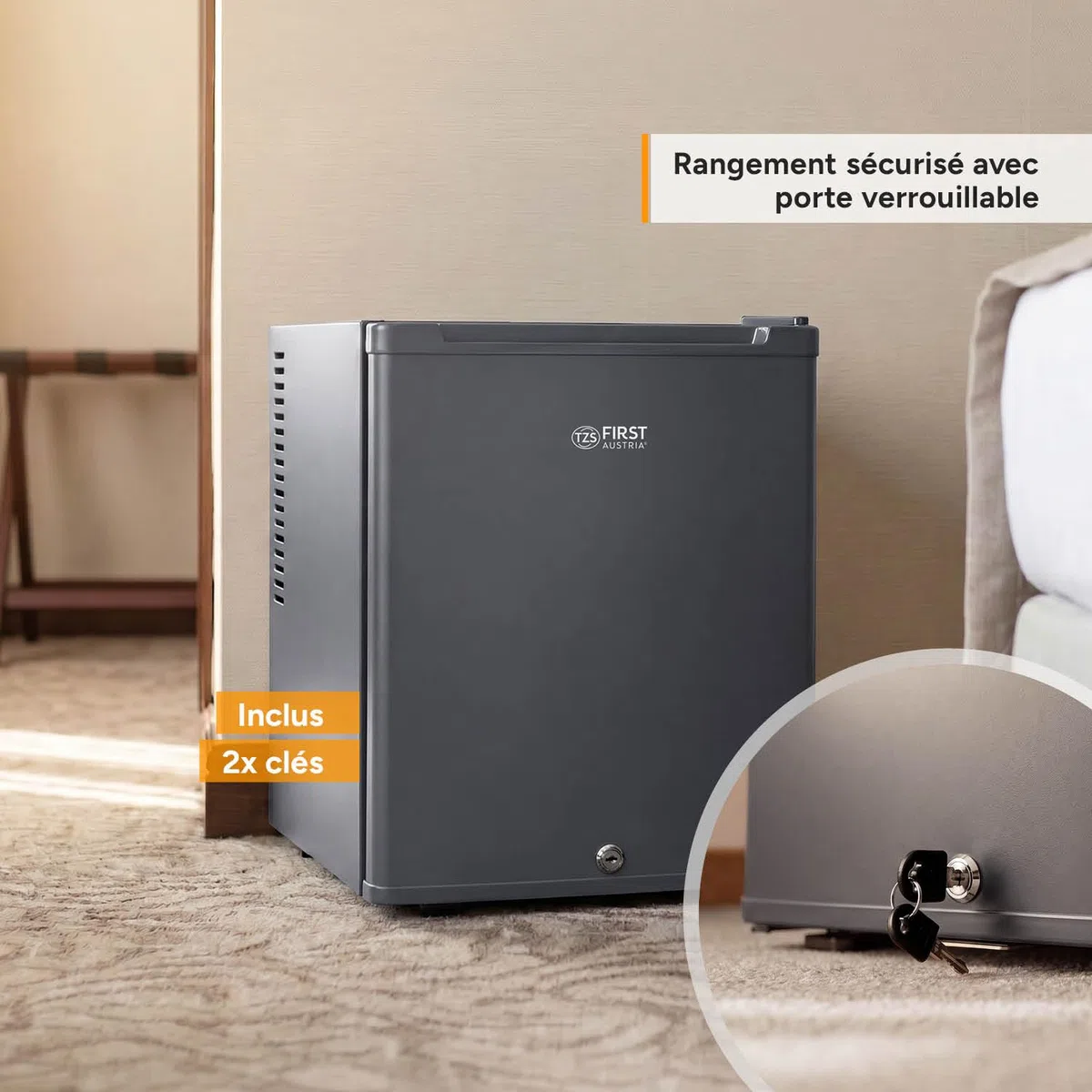 TZS First Austria - Mini réfrigérateur 30L complètement silencieux - Petit mini-frigo avec porte réversible et lumière intérieure - Minibar pour camping, bureau, chambre & hôtel - Anthracite