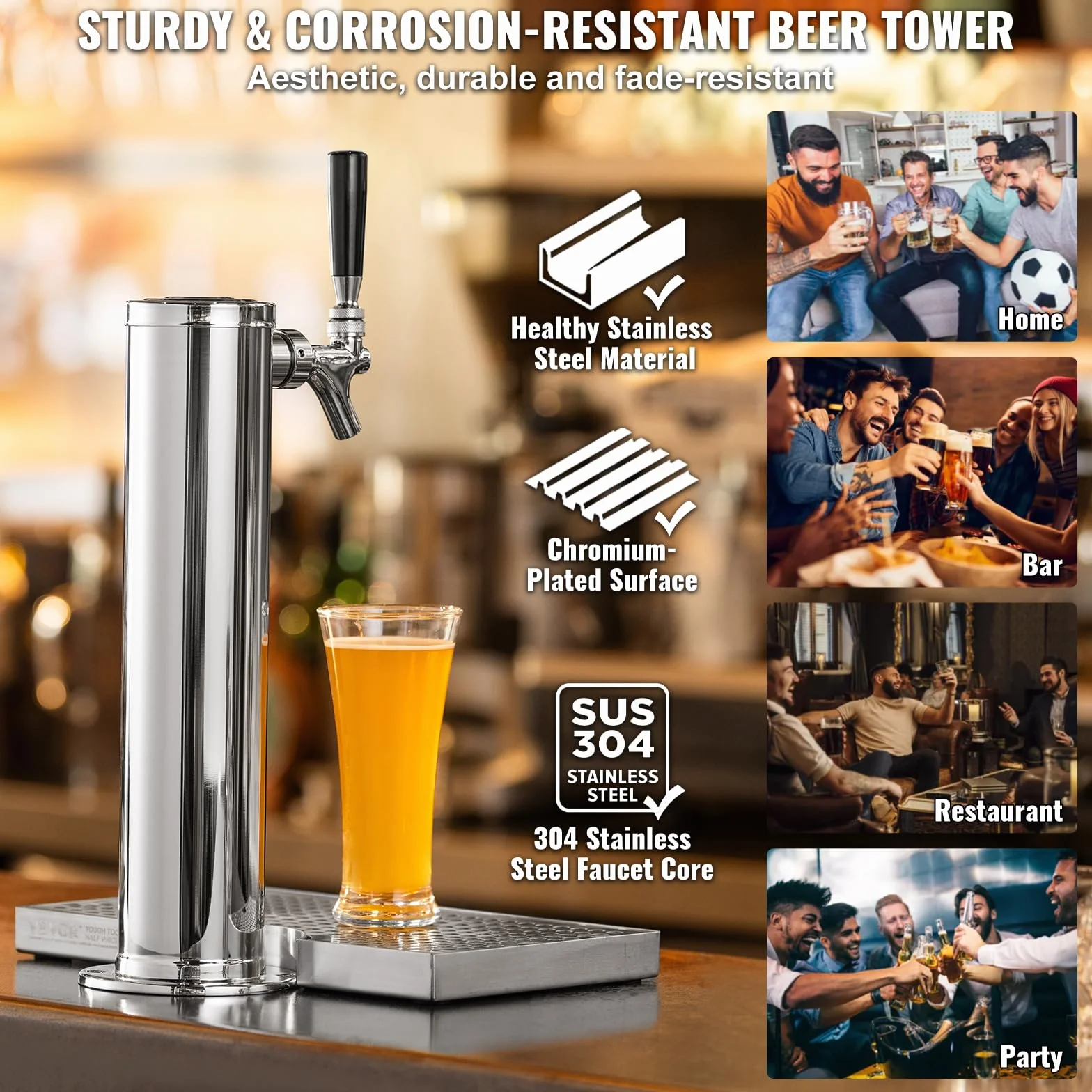 VEVOR Kit Colonne à Bière Robinet Simple, Distributeur de Bière Boisson en Acier Inoxydable, Tireuse à Bière avec Régulateur à Double Jauge W21,8 et Coupleur de Fût Système S, Plateau d'Égouttage, Bar
